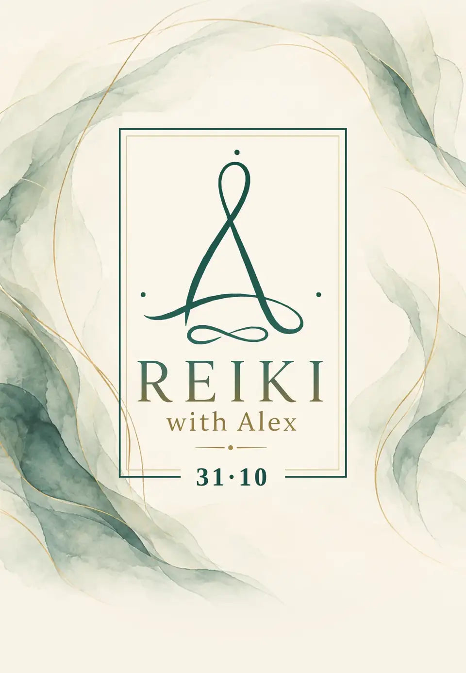 Reiki with Alex, 31·10 – the logo in a tall green and gold frame on cream, with sage watercolour waves