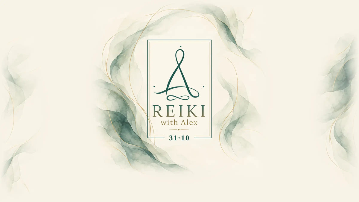 Reiki with Alex, 31·10 – the logo in a tall green and gold frame on cream, soft sage watercolour waves with fine gold lines around it